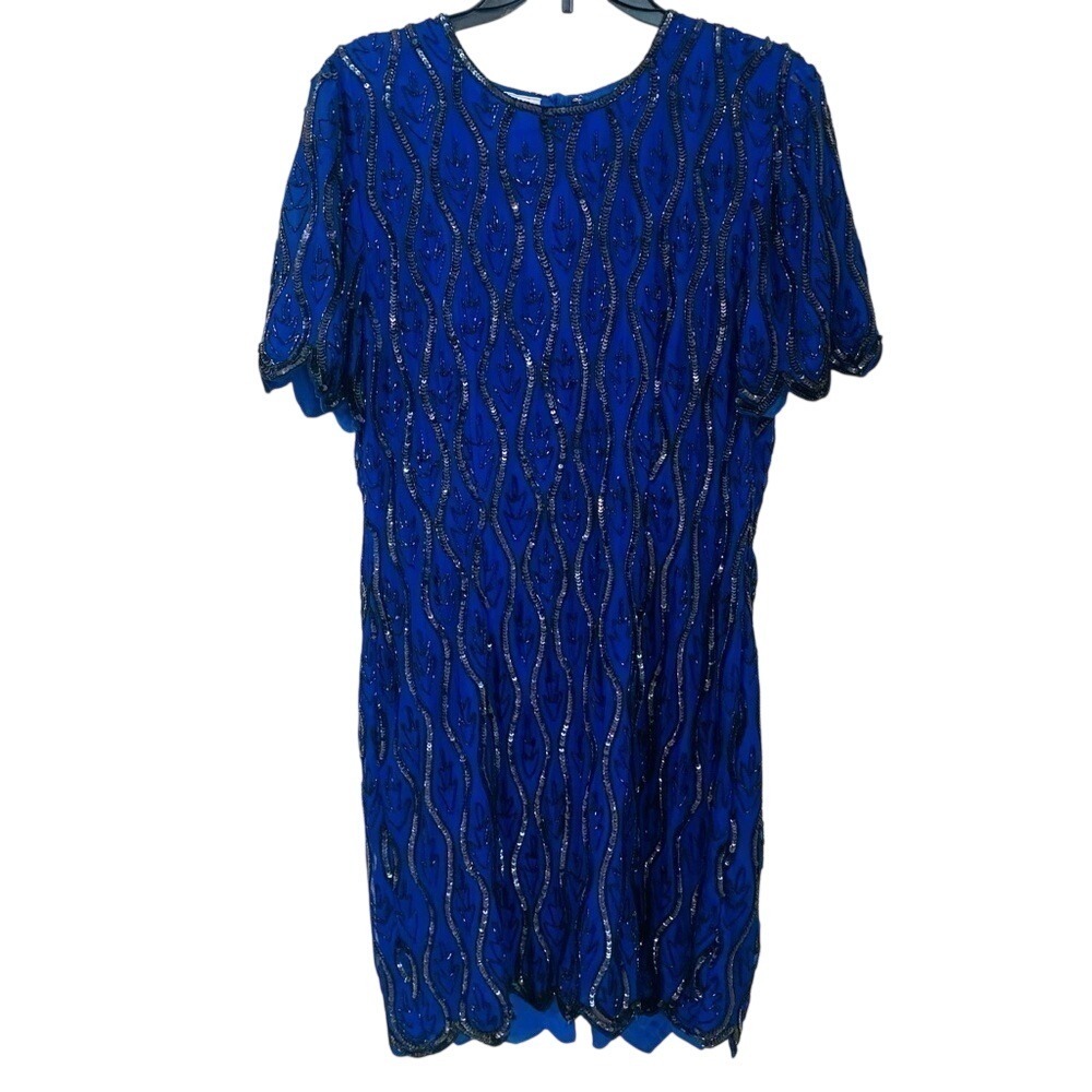 Stenay Vintage Size 12 Royal Blue Silk with Black Sequins Beaded‎ Formal Dress